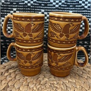 Vintage Pfaltzgraff Eagle & Stars Mugs – Set of 4 Americana Brown Stoneware